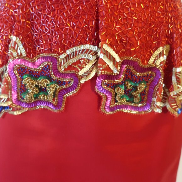 Womens Fabrice Silhouette Red Gold Beads Sequin Silk Satin Formal Gown Dress 10* - Picture 6 of 16